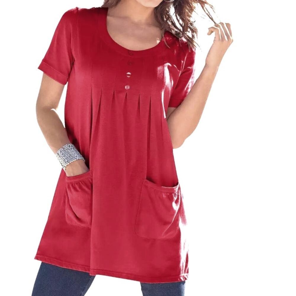 Roamans Two Pocket Soft Knit Tunic Womens Size XL Coral Pleated Swing Top